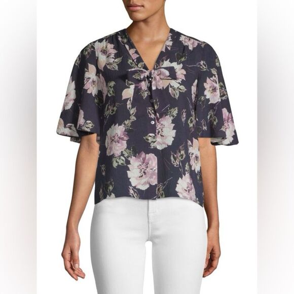 Rebecca Taylor Magnolia Floral Print Scarf-Tie Silk Top Size 6 NWT - Picture 6 of 9